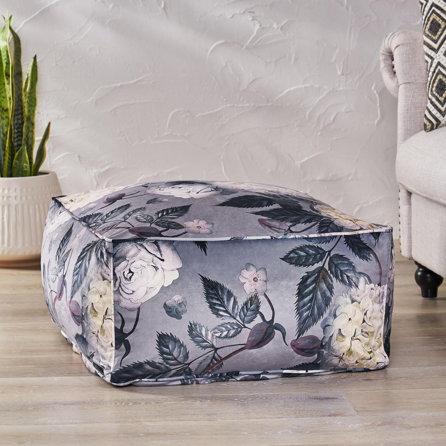 GDFStudio Traditional Velvet Flower Print Cube Pouf Ottoman Foot Stool - Bean Bag Floor Chair - Foot Rest Couch for Living Room Bedroom,Large Flower Print on Gray,24"" x 24"" x 12"", 314502N