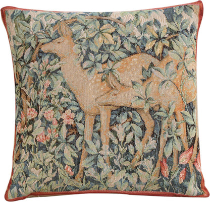Charlotte Home Furnishings Decorative Tapestry Pillow Cover 14x14 in, Green Two Does Couch Throw Pillow Cover, French Country Square Cushion Cases for Bed Room Home Decor, Soft Cotton Jacquard Woven