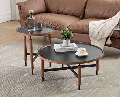 EALSON Nesting Coffee Table Set of 2 Round Coffee Tables with Black Metal Legs/Wood Top Mid Century Modern Centre Table Circle Accent Side Tables for Living Room Bedroom Walnut