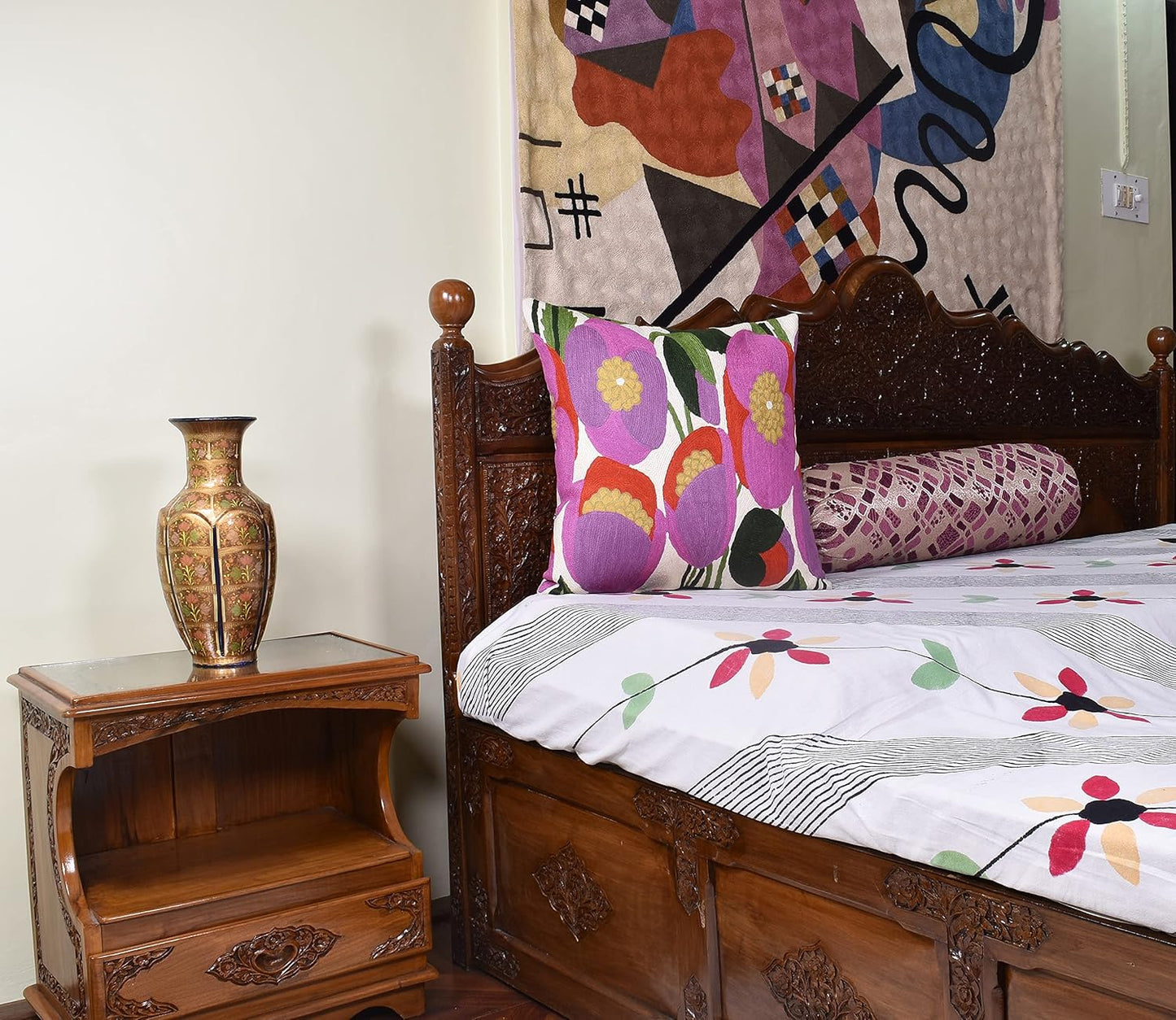 Lily Pink Flower Pillow Cover | Suzani Accent Pillow | Outdoor Floral Pillows | Hand Embroidered Wool Cushion - 18x18