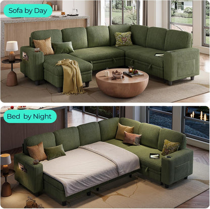 LINSY HOME Sectional Sleeper Sofa with Pull Out Couch Bed Convertible Plush Corduroy Cloud Couch with Storage Chaise & USB Charging, Comfy Modular Couches for Living Room (Green)
