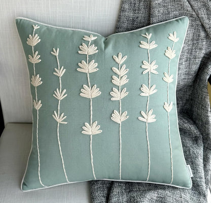 VAGMINE Hand Embroidered Daisy Accent Throw Pillow Cover - 18x18 Inches Square - 100% Cotton Light Teal Decorative Cushion Cover for Couch, Sofa, Bed - Textured Embroidery - Elegant Floral Home Décor