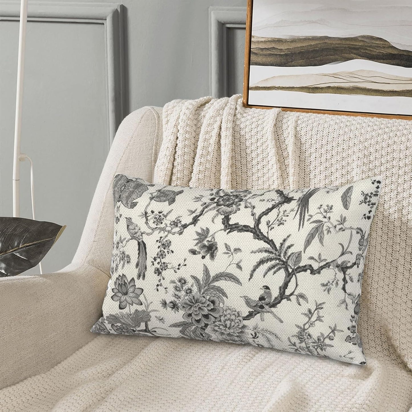 CXMEIFLY Spring Floral Birds Pillow Covers 12 x 20 Inch Set of 2 for Chinoiserie Flowers Decor Throw Pillows Black and White Plant Outdoor Decorative Cushion Cases for Couch Bed Decorations