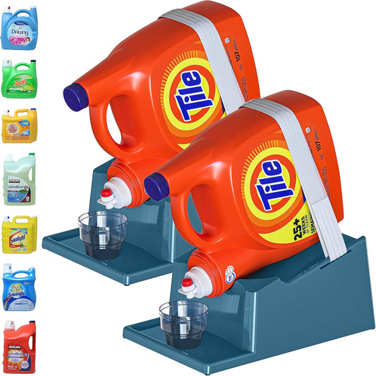 TidyFriend 2 Pack Liquid Laundry Detergent Holder Stand with Drip Tray & Rubber-Grip Feet, Stand for Laundry Room Organization and Storage, Fabric Softener Dispenser with Cup Holder (Slate Grey)