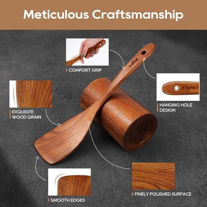 Teak Wooden Cooking Utensils Set, 10 Piece Premium Kitchen Cookware, Non-Scratch Wooden Spoons for Cooking, Perfect for Cooking and Serving