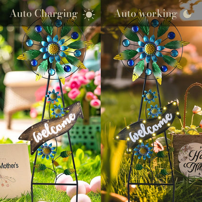 TERESA'S COLLECTIONS Hummingbird Garden Solar Stake, Wind Spinner Yard Art Sign for Outdoor Decor, Metal Purple Floral Windmill Decorative Garden Stake for Lawn Ornaments, Gifts for Mom, 26''
