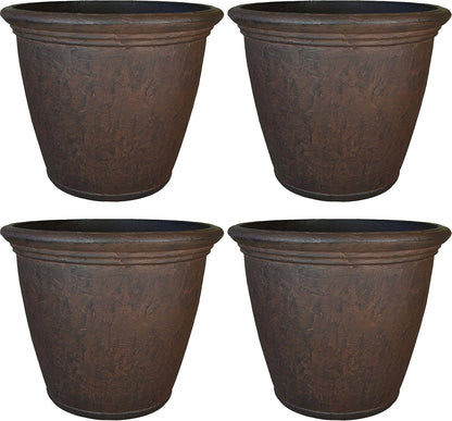 Sunnydaze 15.25-Inch Anjelica Large Plastic Pot for Plants - Outdoor Polyresin Round Planter with Drillable Drainage Holes - Rust - 4pk