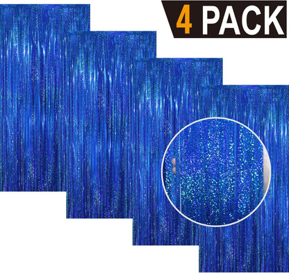 GOER 3.2 ft x 8.2 ft Metallic Tinsel Foil Fringe Curtains Party Photo Backdrop Party Streamers for Birthday,Graduation,New Year Eve Decorations Wedding Decor(4 Packs,Shiny Blue)
