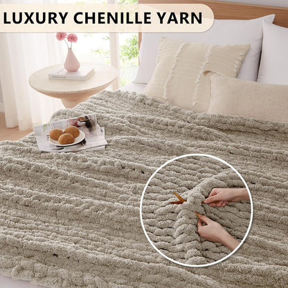 L'AGRATY Chunky Knit Blanket Throw: 50''x60'' Chenille Chunky Knitted Throw Blanket for Bed Couch - Handmade Thick Big Cable Knit Blanket - Large Crochet Rope Blanket for Home Decor(Light Linen)