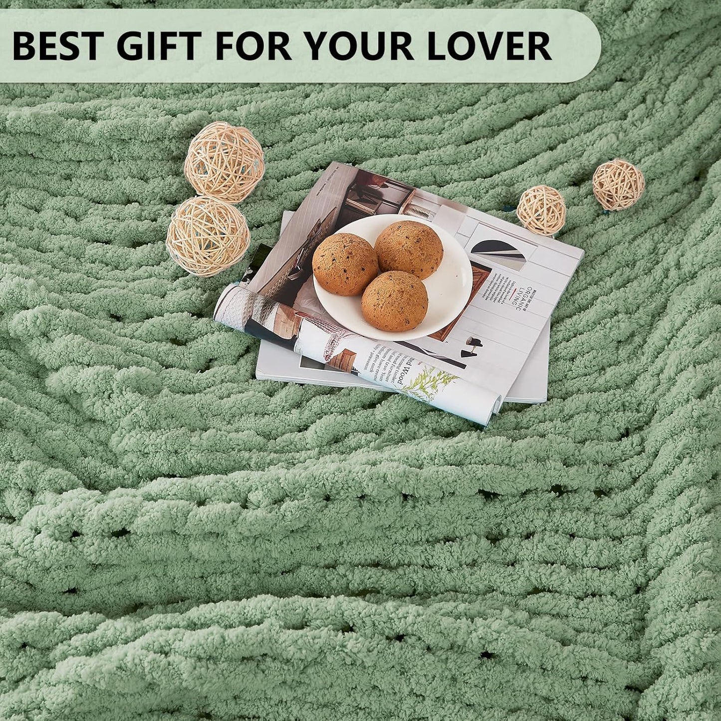 L'AGRATY Chunky Knit Blanket Throw - Soft Chunky Throw Blanket 50x60: 100% Hand Kintted Chenile Crochet Throw Blanket for Couch - Large Cable Knit Chunky Blanket for Home Decor(Sage Green)