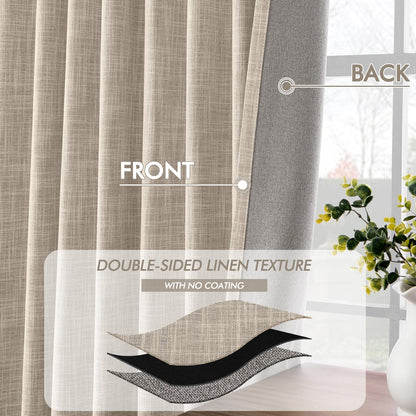 MIULEE Beige 100% Blackout Linen Curtains 84 Inch 2 Panels Set Double Sided No Coating Pleated Back Tab Black Out Long Thermal Insulated Pinch Pleat Bedroom Living Room Darkening Window Drapes