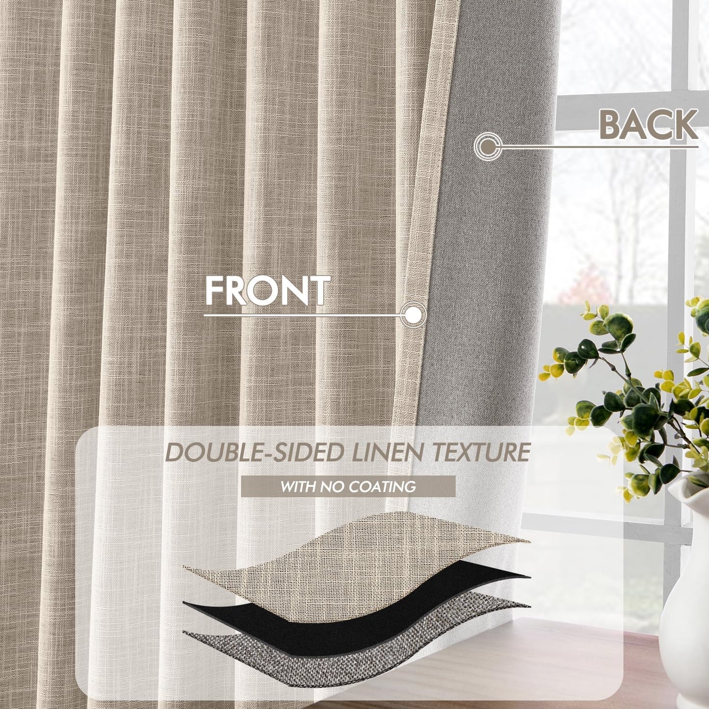 MIULEE Beige 100% Blackout Linen Curtains 102 Inch 2 Panels Set Double Sided No Coating Pinch Pleated Back Tab Floor to Ceiling Black Out Thermal Insulated Bedroom Living Room Darkening Window Drapes