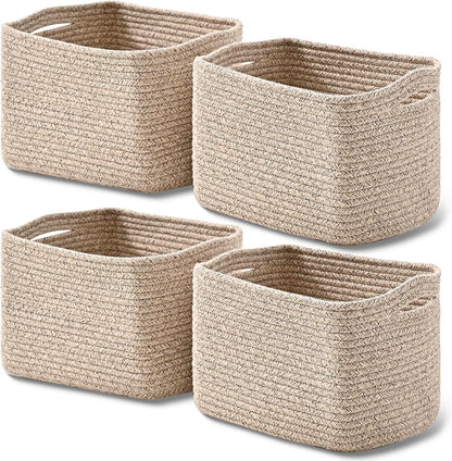 Small Storage Baskets for Shelves Organizing, Woven Cotton Rope Baskets for Storage, Book Basket, Decorative Shelf Basket, 12.5"Lx9.1''Wx7.9''H (4 Packs) Brown