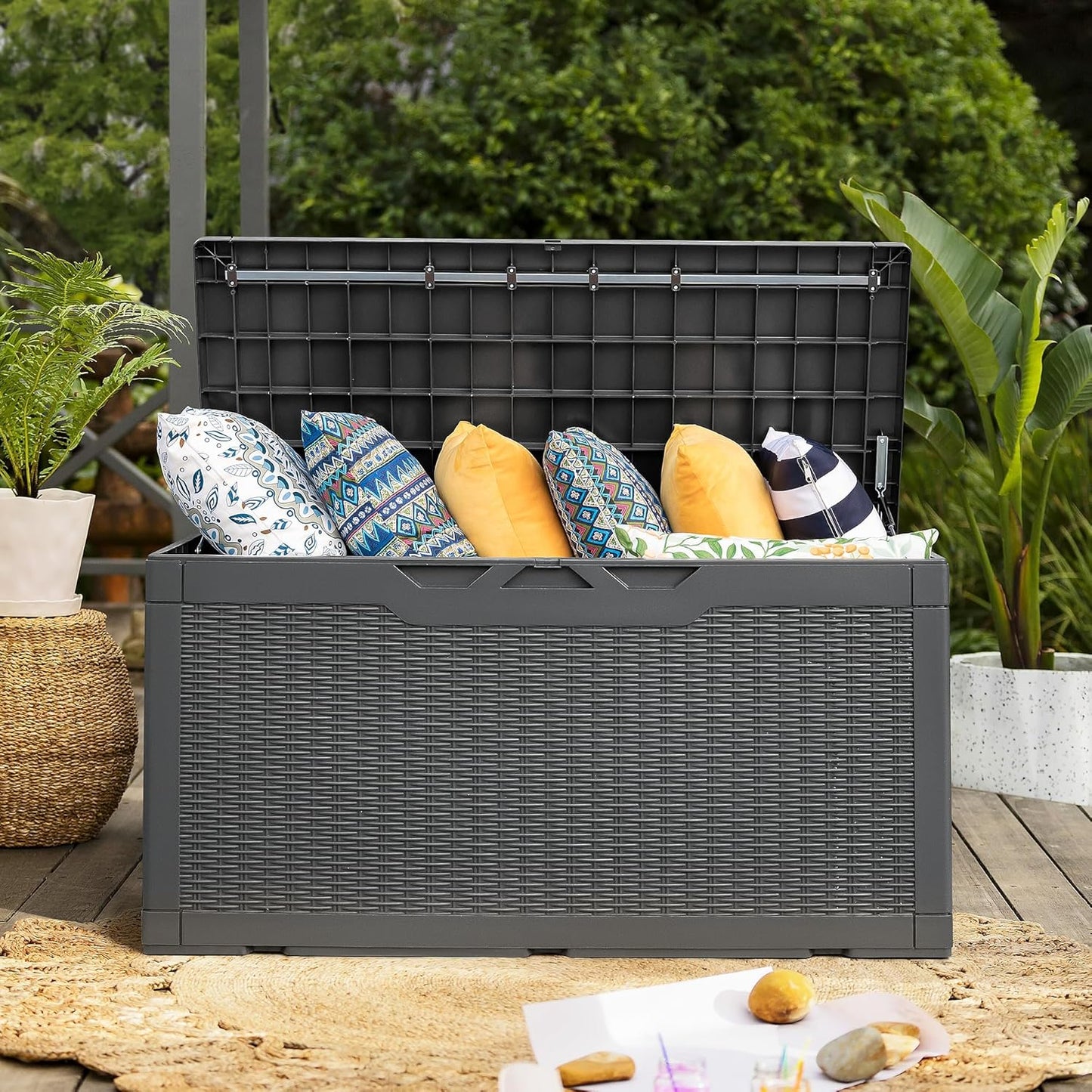 Flamaker Deck Box with Cushion 100 Gallon Waterproof Resin Storage Box with Air Rod Indoor Outdoor Lockable Storage Bench for Patio Furniture, Tools, Pool Accessories (Gray)