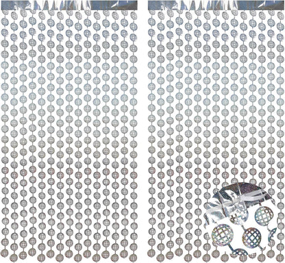 BRAVESHINE Hanging Balls Party Streamers Backdrop - 2 Pack Silver Tinsel Foil Curtain Photo Fringe Backdrop for 70s 80s Party, Birthdays, Bachelorette, Engagement, Music, Dance,New Years Decorations