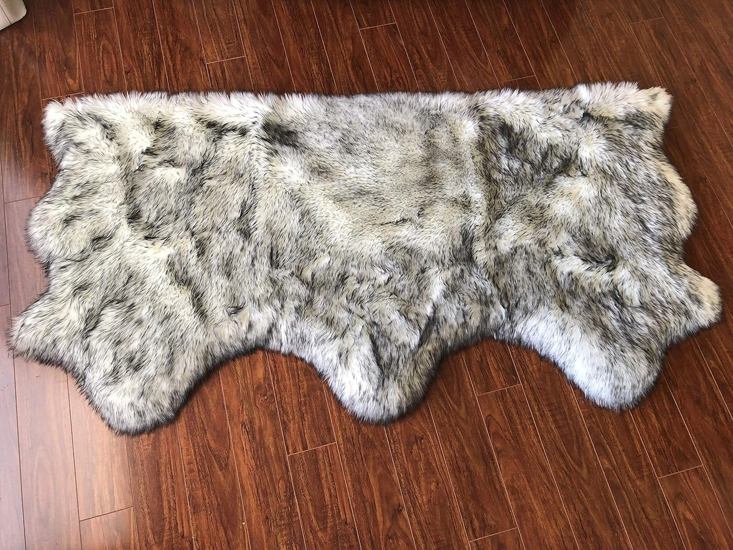 LAMBZY Faux Sheepskin Hypoallergenic Free Shape Silky Shag Rug, Luxury Shaggy Silky Plush Carpet for Bedrooms Rugs Living Room Sofa Floor (Triple Side by Side 3'x6', White with Black Tips)