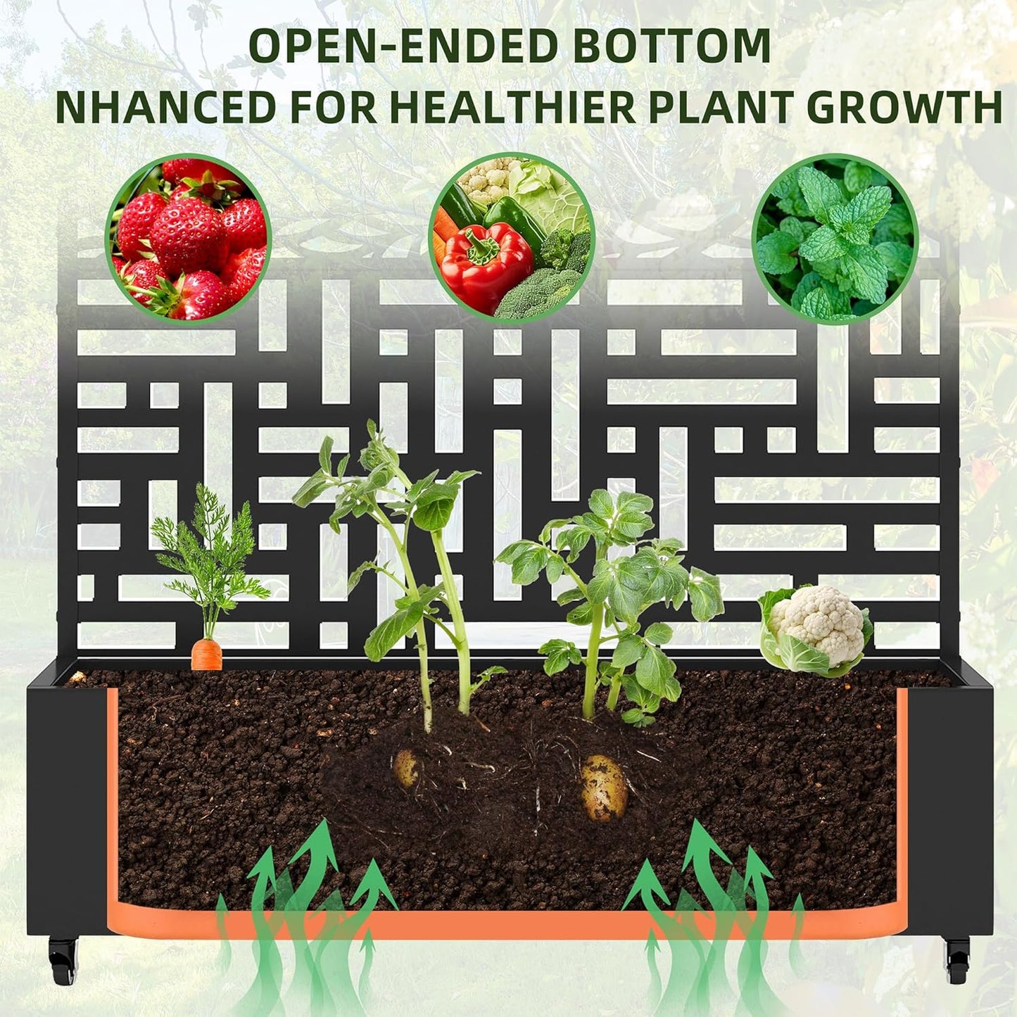 Casaphoria Metal Raised Garden Bed with Trellis and Wheels, 72"x47" Planter Box for Climbing Plants, Vines & Vegetables, Features Drainage Holes, Helen &Spring