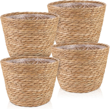 4 Pcs Large Premium Seagrass Planter Basket with Plastic Lining Natural Stylish Planter Baskets Indoor Outdoor Plants Woven Wicker Baskets for Plants Flower Pots Cover and Room Decor(10.2x7.5x7.5")