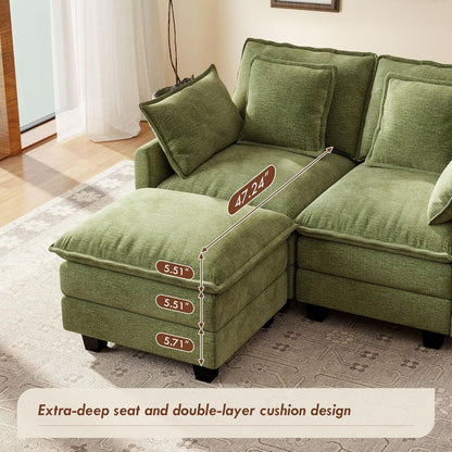 Ihanherry 57" L Shaped Modular Sectional Cloud Sofa, Modern 3 Seat Chenille Couch with Ottoman for Living Room, Bedroom and Apartment, Green