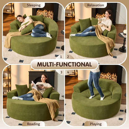 ovios 58" Oversized Round Chair Lounge Chaise Indoor, No Assembly Required, Cloud Large Circle Chair with Plush Fuax Fur, Fluffy Modern Sleeper Sofa Bed for Reading Yoga, Green (Cloud Velvet)