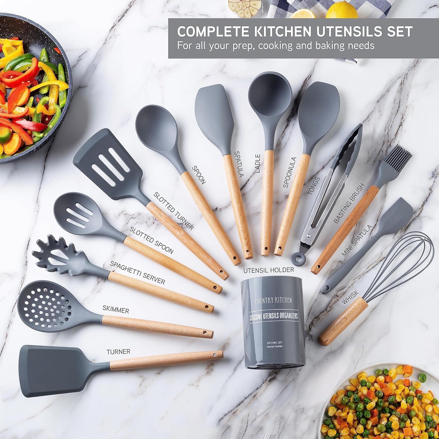 Country Kitchen Non Stick Silicone Utensil Set with Rounded Wood Handles for Cooking and Baking, 14 Piece Set, Gray