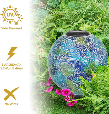 Sunnydaze Azul Terra 10" Crackled Glass Garden Gazing Globe with LED Solar Light - Set of 2