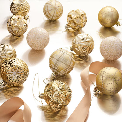 Valery Madelyn Ornaments for Christmas Trees, 9ct 2.36 Inches White and Gold Shatterproof Christmas Tree Decorations, Luxury Hanging Ball Ornaments for Xmas Holiday Party Decor