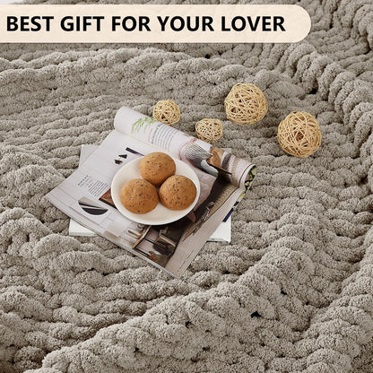 L'AGRATY Chunky Knit Blanket Throw: 60''x80'' Chenille Chunky Knitted Throw Blanket for Bed Couch - Handmade Thick Big Cable Knit Blanket - Large Crochet Rope Blanket for Home Decor(Light Linen)