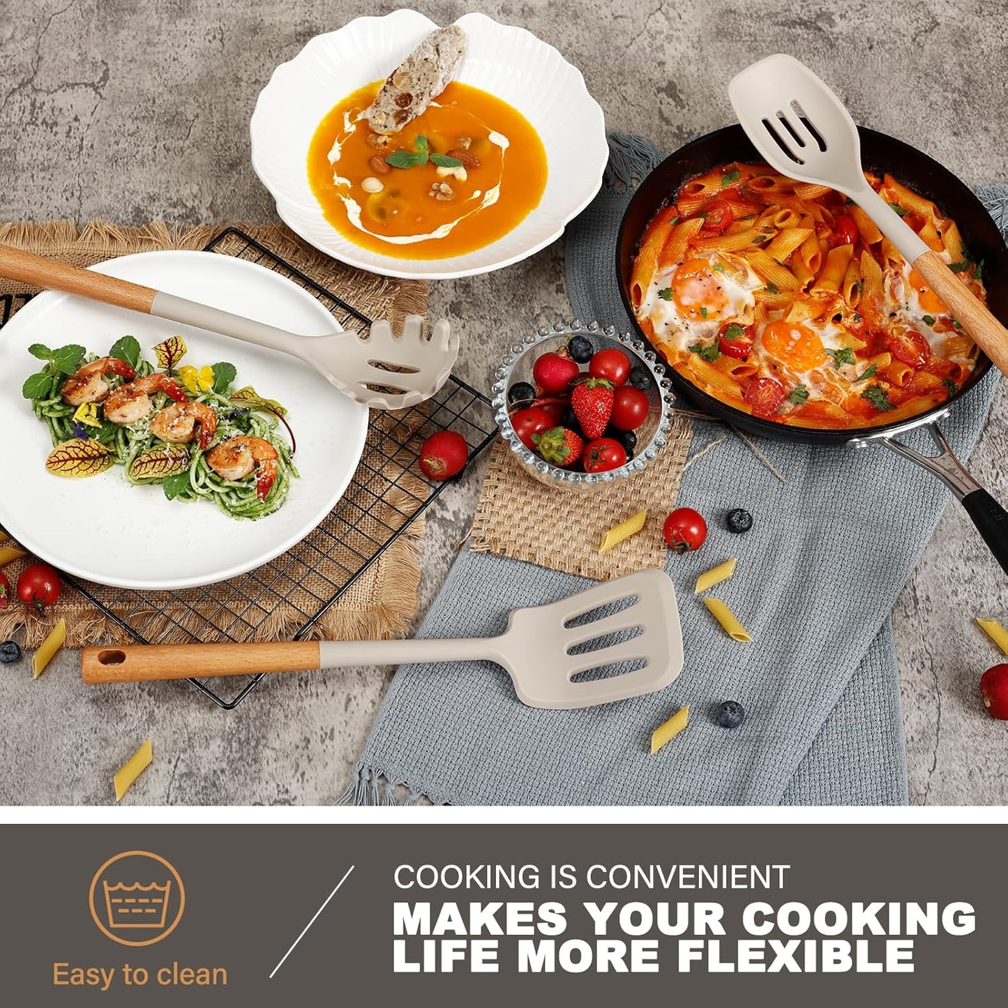 QMVESS Silicone Cooking Utensils Set, Kitchen Utensils Set 7 Pcs with Long Wooden Handle, Food Grade and Heat Resistant Large Silicone Spatula Set for Nonstick Cookware, BPA Free（Khaki）