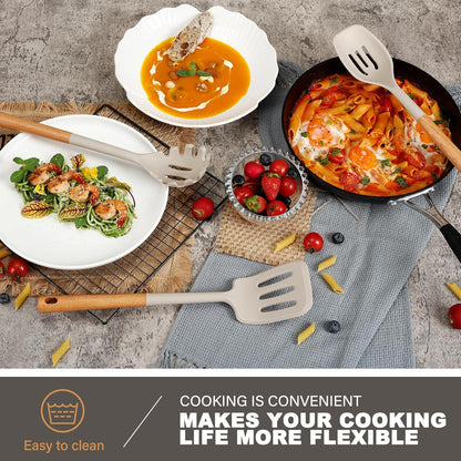 QMVESS Silicone Cooking Utensils Set, Kitchen Utensils Set 7 Pcs with Long Wooden Handle, Food Grade and Heat Resistant Large Silicone Spatula Set for Nonstick Cookware, BPA Free（Khaki）