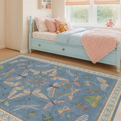 Cute Blue Rugs for Kids Room Boys - Washable 5x7 Area Rugs for Nursery, Baby Bedroom, Toddler Playroom, Insect Bug Print Carpet, Soft Non Slip Stain Resistant