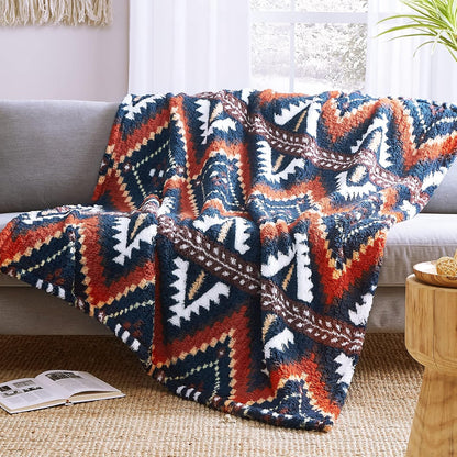 CASAAGUSTO Boho Sherpa Blanket, Aztec Twin Blanket, Ultra Soft, Warm, Cozy, Plush, Thick Fleece Western Blanket for Couch, Bed, Sofa (Navy Blue 60 * 80 Inch)