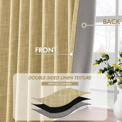 MIULEE Yellow 100% Blackout Linen Curtains 84 Inch 2 Panels Set Double Sided No Coating Pleated Back Tab Black Out Long Thermal Insulated Pinch Pleat Bedroom Living Room Darkening Window Drapes