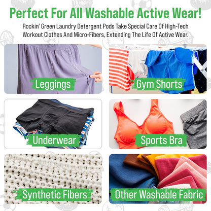 Rockin' Green Laundry Detergent Pods, Plant-based, All Natural, Vegan & Biodegradable Odor Fighter, Safe for Sensitive Skin (Unscented, Active Wear 40 Pods)