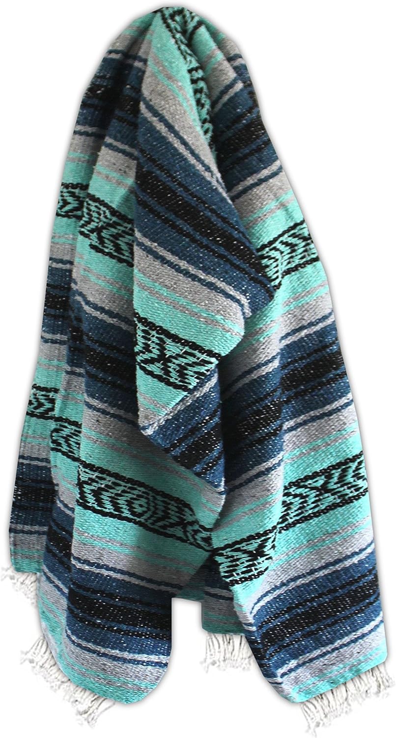 Del Mex Classic Mexican Blanket, Large Authentic Woven Falsa Throw (70"x50"), Artisan Southwest Décor for Beach, Yoga, Outdoors (Navy/Mint)