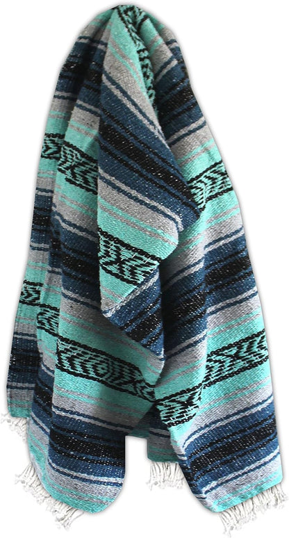Del Mex Classic Mexican Blanket, Large Authentic Woven Falsa Throw (70"x50"), Artisan Southwest Décor for Beach, Yoga, Outdoors (Navy/Mint)