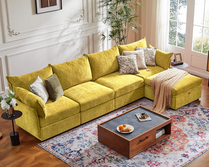 134.6" Luxury Modular Sectional Convertible Sofa with Storage Ottoman, L-Shape 5-Seat Oversized Comfy Couch Deep Seat with Reversible Chaise - Chenille Yellow