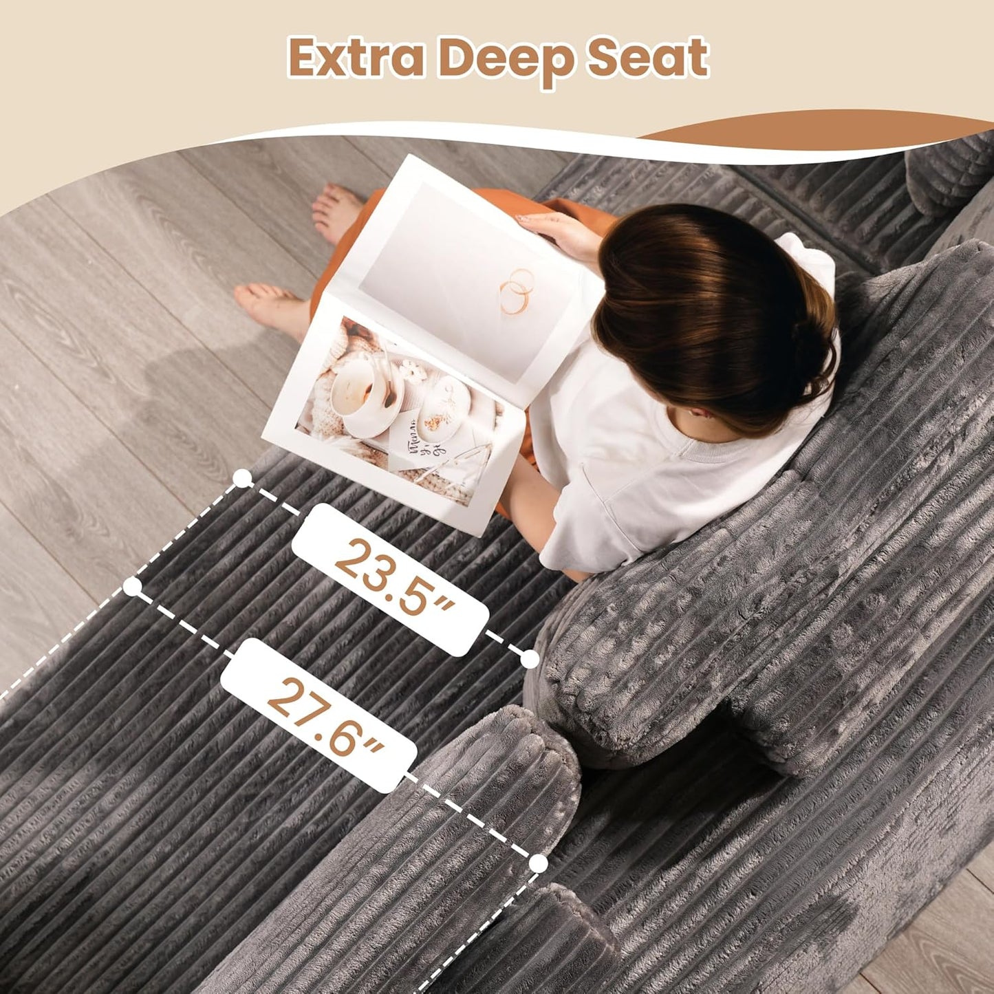 HOOOWOOO Cloud Sectional Couches for Living Room,Modular Sectional Sofa No Assembly,Plush Corduroy Large Floor Couch Furniture Set with Deep Seat Right L Shape and Chaise Lounge(Gray)