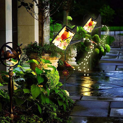 Garden Solar Lights Outdoor, Metal Watering Can Garden Stake Lights Cardinal Bird Decor Glass Art for Walkway, Pathway, Yard, Lawn
