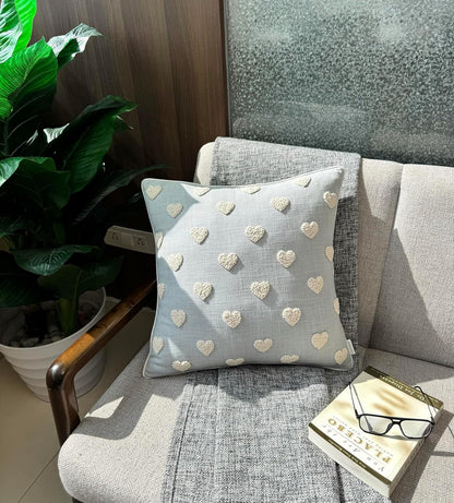 VAGMINE Hand Embroidered French Knotted Hearts Pillow Cover - 18x18 Inches Square - 100% Cotton Robins Egg Decorative Cushion Cover - Romantic Gift for Couples - Valentine’s Bedroom Decor