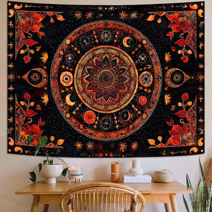 Lunerfex Mandala Moon and Stars Tapestry Boho Tapestry for Bedroom Black and Orange Tapestries Wall Hanging Living Room Wall Art and Home Decor 70x90