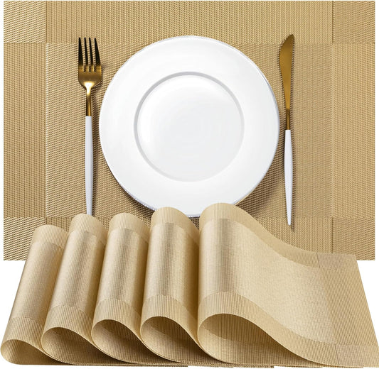 Placemats Set of 6 - Easy Clean Woven Vinyl Placemats for Dining Table, Indoor/Outdoor Place Mats, Washable PVC Table Mats（Gold Cube）
