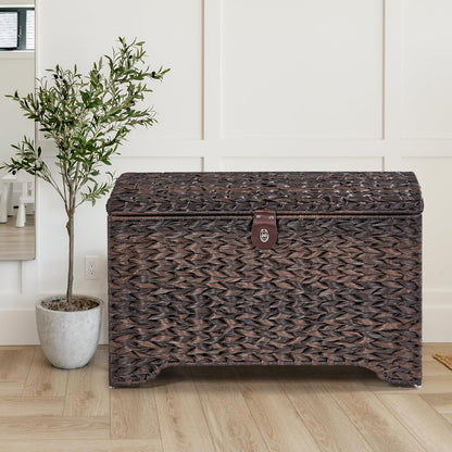 Handwoven Storage Basket with Lid, 178L Plastic Rattan Storage Bin, Leather Buckle & Metal Frame, Large Metal Ring Handles, Storage Trunk for Bedroom, Laundry Room