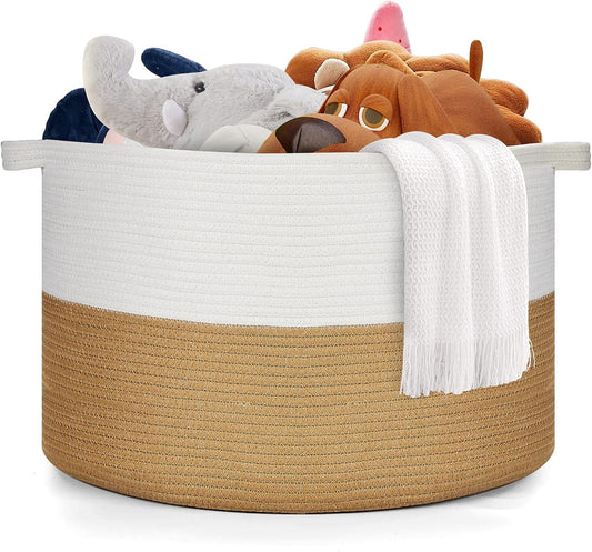 Ravinte Blanket Basket - 20"x 20"x 13" Cotton Rope Basket for Living Room, Baby Toy Storage Basket, Large Woven Laundry Basket (White -Brown)
