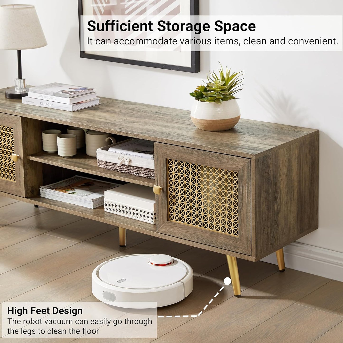 Mid Century Modern TV Stand with Metal Mesh Doors and Open Shelf for Tvs up to 65" Boho Media Console Entertainment Center with Cable Holes for Living Room Rustic Oak 59.06"x15.55"x20.87"