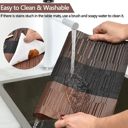 Placemats Set of 6 - Easy Clean Modern Durable Washable Vinyl Place Mats - Heat Resistant Placemats for Kitchen Table - PVC Table Mats for Dining Table (Brown Black, 6)