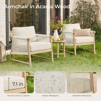 CHITA 3 Pieces Boho Patio Rattan Bistro Set, Outdoor Wicker Chairs & Side Table Set with Acacia Wood Frame(Cream)