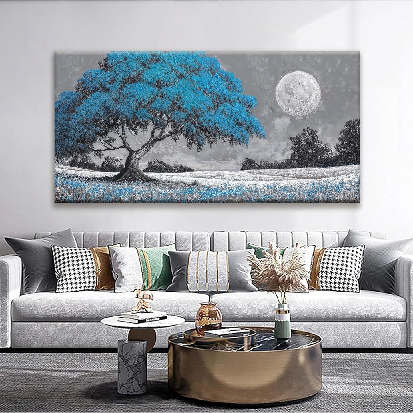 TAIJXAGSG Wall Art Blue Tree Moon Picture Canvas Art Wall Decor Artwork Abstract Canvas Print Painting Nature For Living Room Bedroom Bathroom Office Home Wall Decor 29"X 58"Can Be Hung Directly