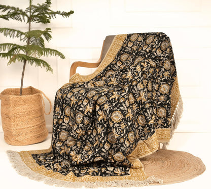 Bohemian Floral Cotton Throw Blanket with Tassels | 48x70 Inch Handblock Printed Sofa Throw | Black & Gold Decorative Bed Cover | Lightweight Couch Throw for Living Room & Bedroom