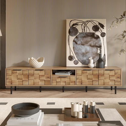 Modern TV Stand for TVs up to 85", Mid-Century Media Console with Checkered Cabinet Doors, Storage Drawers & Open Shelves, Wood Entertainment Center with Metal Legs